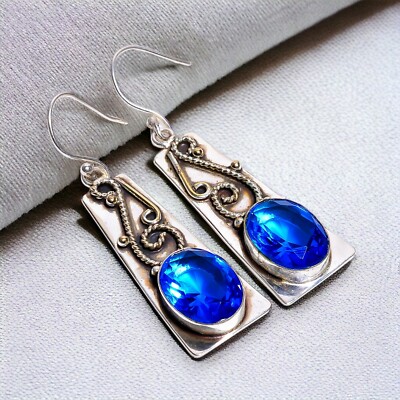 Rare Swiss Blue Topaz Gemstone Dangle Earrings Handcrafted 925 Silver Jewelry