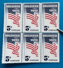 US Stamps Scott 1249 Register and Vote Flag 1964 5c block of 6 M/NH PO fresh