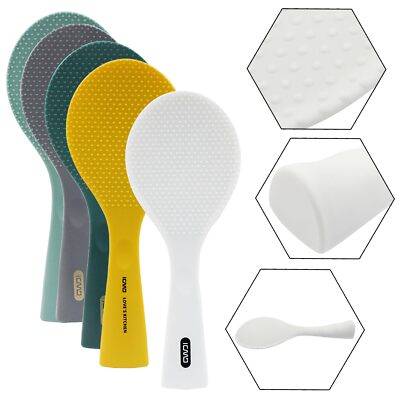 Masteelf 6 PCS Non Stick Spoon Silicone Rice Spoon Paddle Kitchen Rice Spatula Rice Scooper Wooden Handle Silicone Spoon Serving Rice Mashed Potatoes