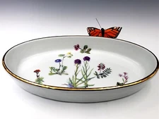 Louis Louriox Le Faune Wild Flowers Oval Baker Dish, France Gold Trim