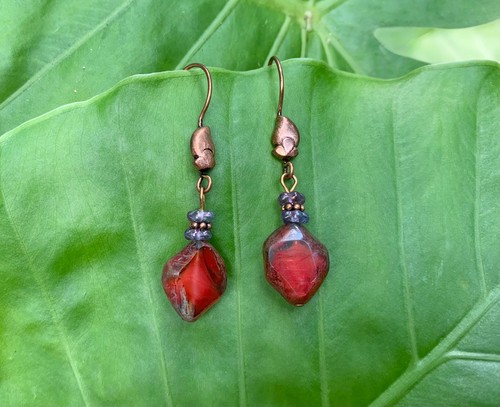 Red Picasso Earrings Beaded Long Dangling Earrings Czech Glass Beads Boho Yevga - Picture 6 of 9