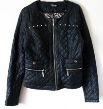 Jane Norman Black Quilted Gold Studded Zip Biker Faux Leather Jacket 12 Flawless