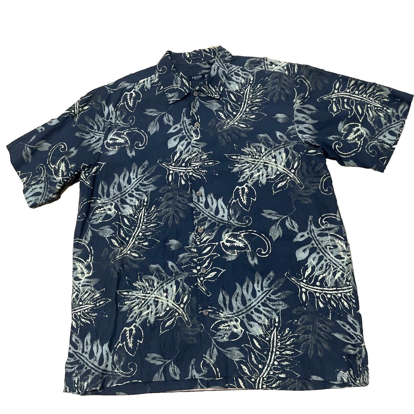 IZOD Golf Shirt Men L Washable Silk Linen Hawaiian Tropical Button Up Floral 50"
