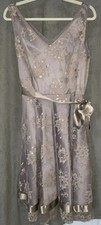 Tahari Levine Sz12 V Neck Sleeveless A Line Beige W/ Lace Floral  & Glitter
