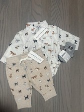NWT Janie and Jack boy SPRING 4-piece khaki dog bodysuit socks pants SET 0 3