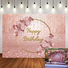 Pink Rose Gold Happy Birthday Backdrop Glitter Rose Gold Floral Balloon Bokeh Ph