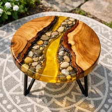 Tavolino da caffè in resina gialla pietra ciottoli intarsiato rotondo moderno centrotavolino epossidico