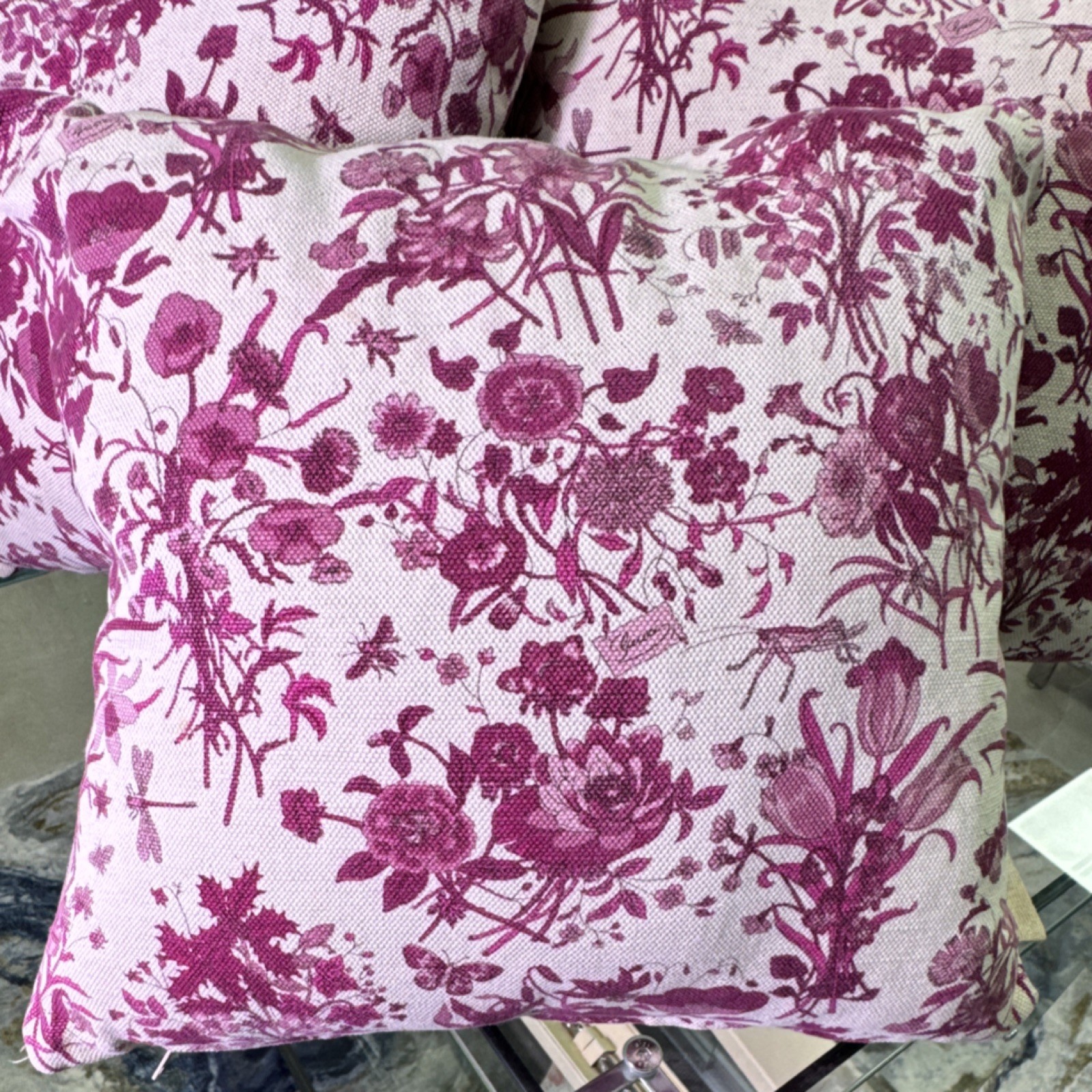 Gucci Pink Purple White Floral Decorative Square Throw Pillow with Zip Closure thumbnail 3