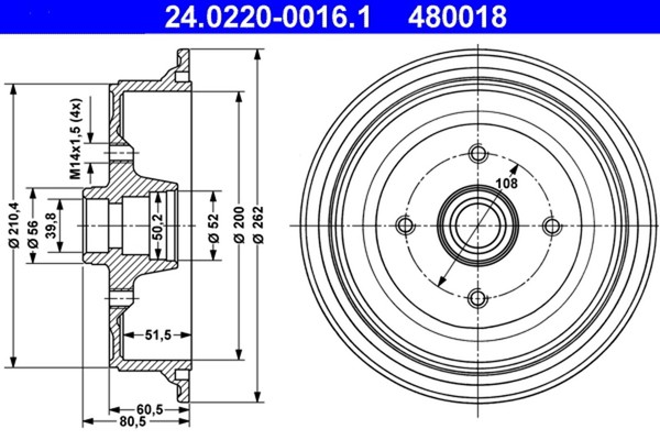 2X Bremstrommel ATE 24.0220-0016.1 FüR Audi B2 90 B3 81 M14X1,5 80 893 894 8A2-image