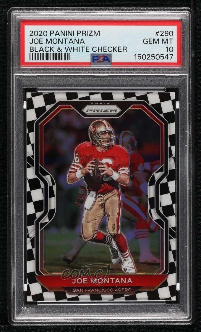 2020 Panini Prizm Black & White Checker Joe Montana #290 PSA 10 GEM MT HOF view 1