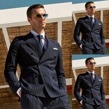Double Breasted Striped Men's Suits Business Jacket Peak Lapel Formal Tuxedos