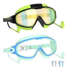 Swim Goggles for Kids 3-15 with Earplugs Large Frame Anti Green and Black Blue