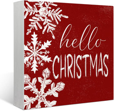 Hello Christmas Decorations Snowflakes Red Wooden Signs Indoor Tabletop Gift