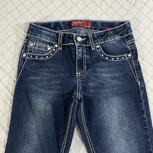 Arizona Jeans Girls Sz 12 Bootcut Dark Blue Angel Wings Denim Distressed - Picture 2 of 10