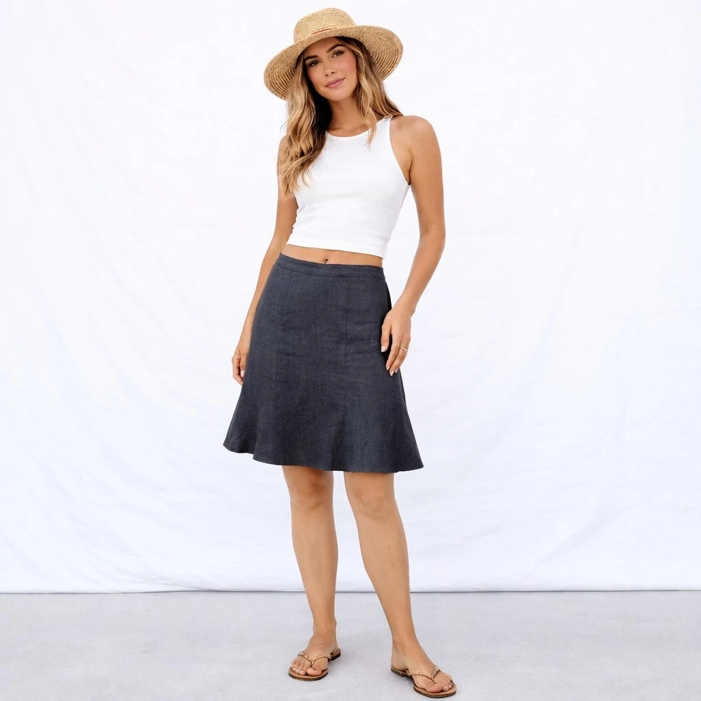 CHAPS Ralph Lauren 100% Linen Trumpet Skirt Sz 14 Black Midi Minimalist Luxury