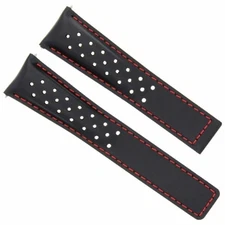 LEATHER WATCH BAND 22MM FOR TAG HEUER CARRERA MONACO BLACK RED STITCH PERFORAT