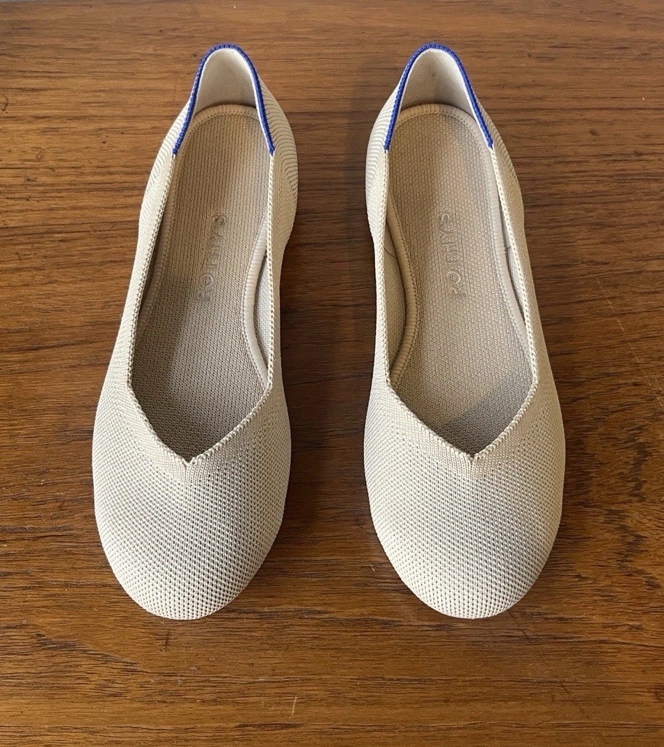 Rothy’s Beige With Blue Trim, Vamp Front Round Toe Ballet Flats, Sz 7.5 -NWOB