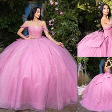 Elegant Pink Off Shoulder Quinceanera Dresses with Bow Glitter Tulle Ball Gowns