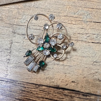 12k GF Gold Filled Marks & Spencer Sky Green Rhinestone Brooch Vintage