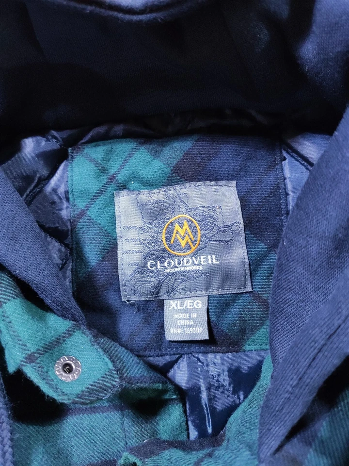 Cloudveil Hombres X-Grande Camisa Chaqueta Acolchada Franela Verde Cuadros Manga Larga Foto 3 de 4