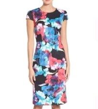 Betsey Johnson Dress Womens 10 Blue Pink Floral Fitted Pencil Whimsy Cocktail