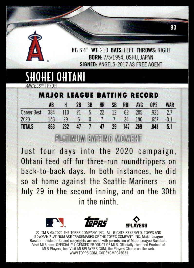 2021 Bowman Platinum Baseball Card Shohei Ohtani Los Angeles