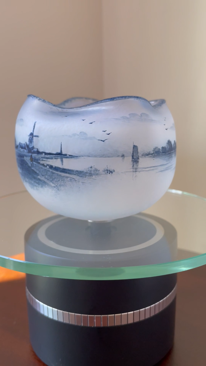 Rare Daum Nancy Etched Enameled Opalescent vase, Dutch Landscape