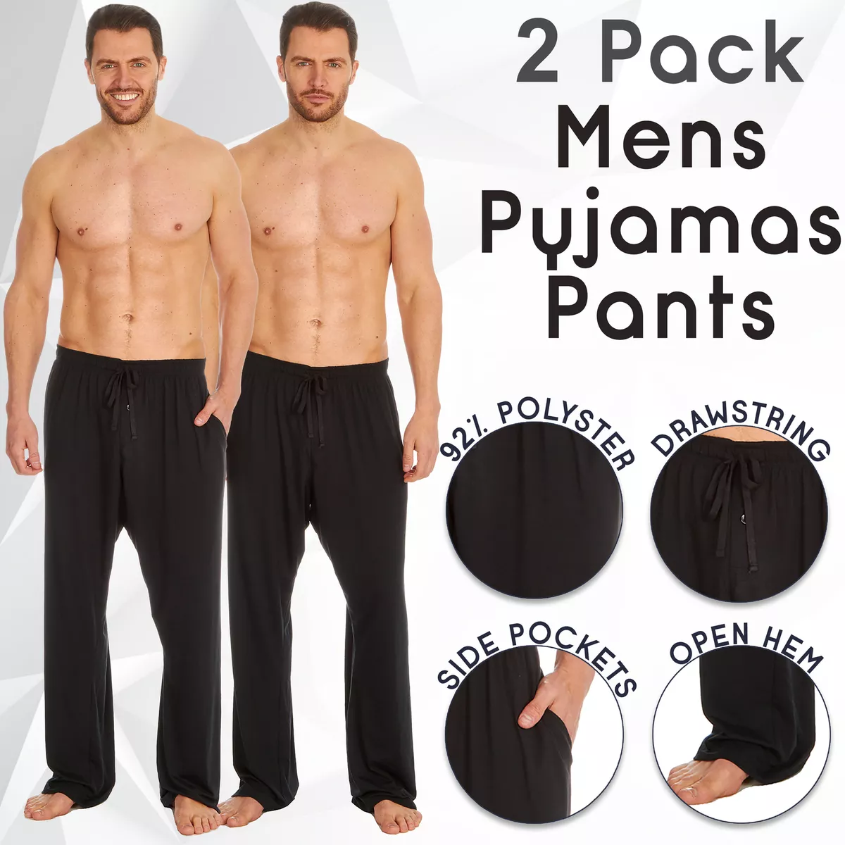 2 Pack Mens Pyjama Bottoms Pajama Pants Lounge PJ Trouser Loungewear Black S-XXL