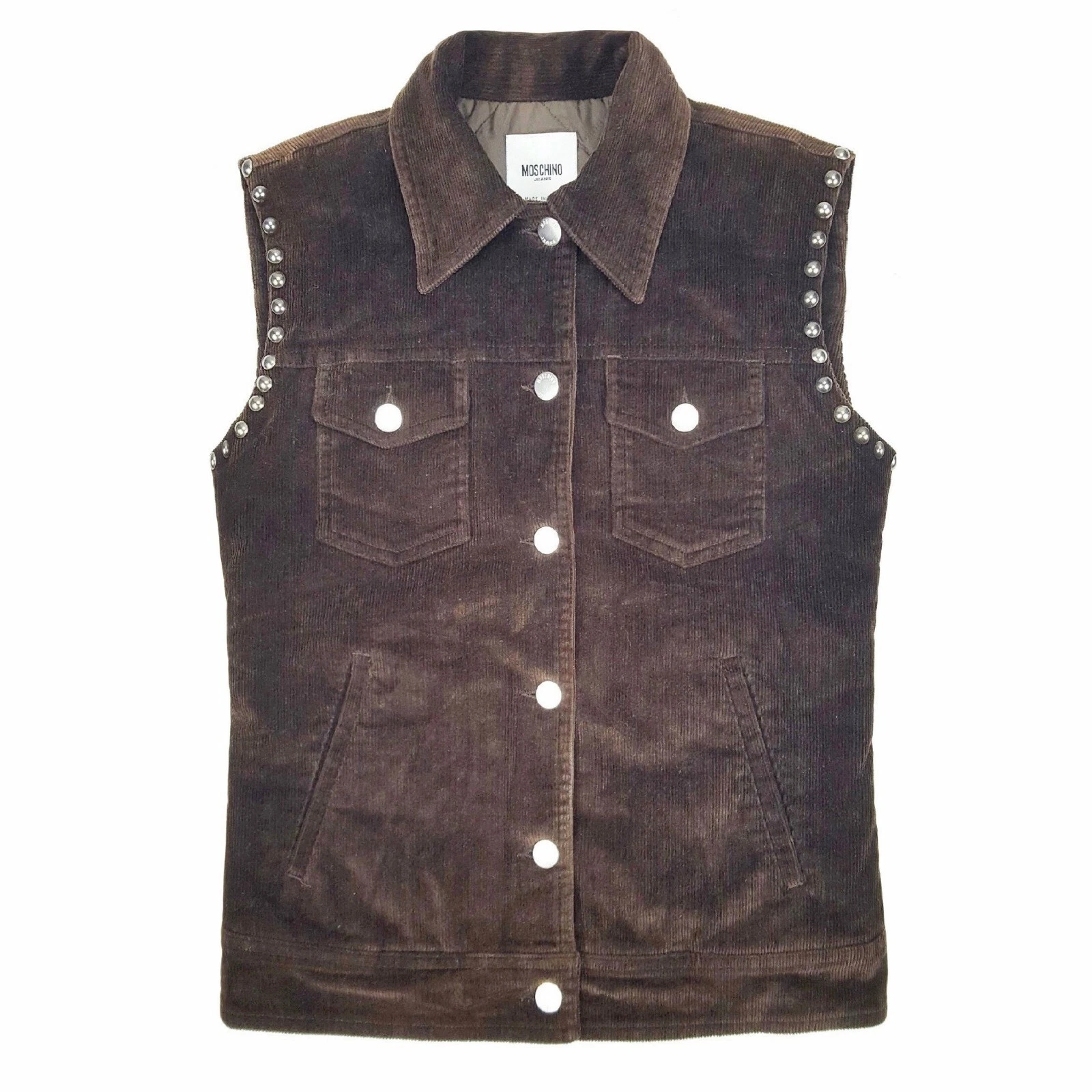 MOSCHINO JEANS Gilet Velluto in velluto a coste Giacca Camionsta Borchie Trapunta Foderata Marrone it42 M