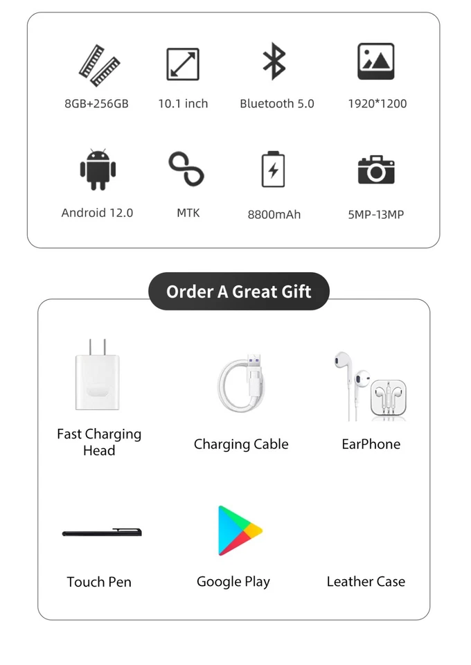 New Tablet 10. 1 inch 8G+256G ROM Android 12 Wifi 5G/4G Dual SIM Bundle Keyboard - Image 3 of 4