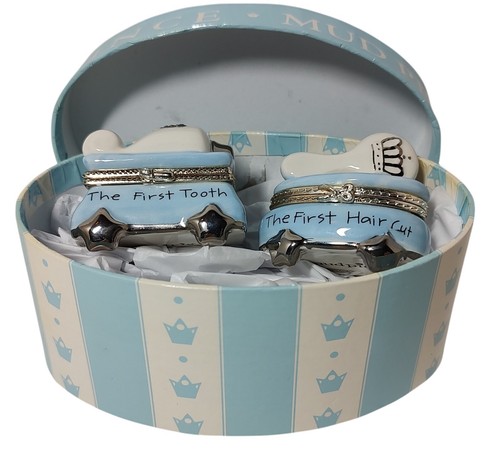 Mud Pie Baby Boy Prince First Tooth and Haircut Ceramic Hinged Trinket Box Set