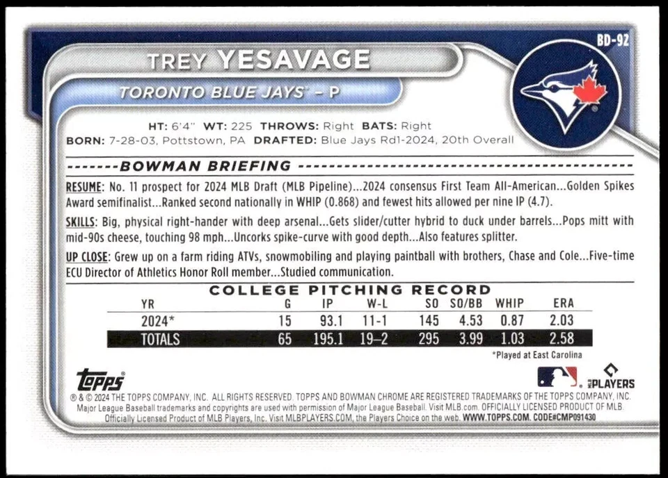 2024 BOWMAN DRAFT TREY YESAVAGE BLUE JAYS RC 1st card BD-92 - Image 2 of 2