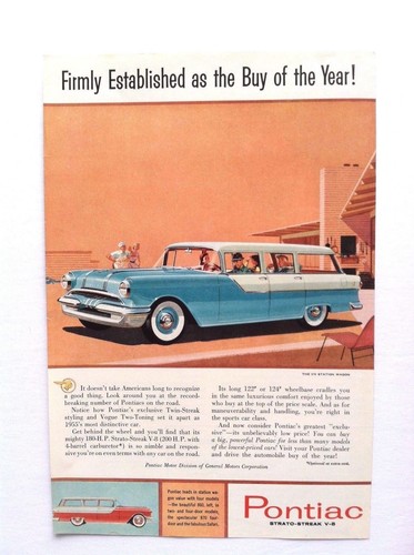 1955 Pontiac 870 Station Wagon Vintage Original Print Ad Strato Streak V-8