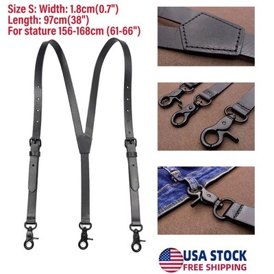 S Size Vintage Black Leather H Back Suspenders Belts 3 Hooks For Men Male Work