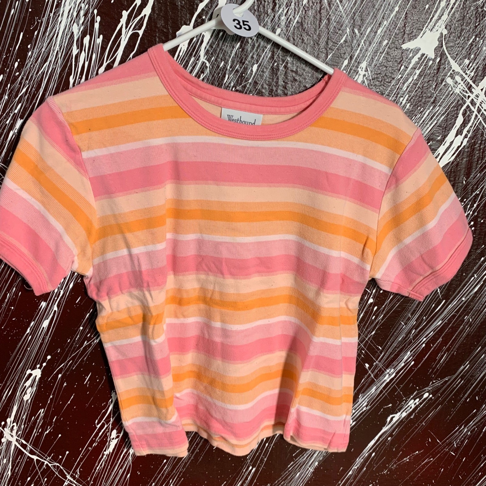 Westbound Womens Pink Orange Striped Short Sleeve Cotton T-Shirt Size M