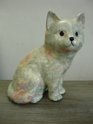 Vintage Global Studios Pottery Ceramic Floral Decoupage Cat Figurine 16cm