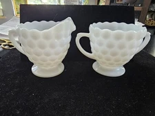 Vintage Anchor Hocking Open Creamer & Sugar Bubble White Milk Glass 1600 1605