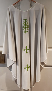 PRIEST CLERGY OFFICIANT CHASUBLE VESTMENT WHITE W/CHI RHO CROSS IMPERFECT 7
