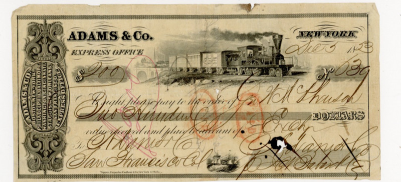 1853.    New York/San Francisco.   Adams & Co. Express Office. Purchased Gold.