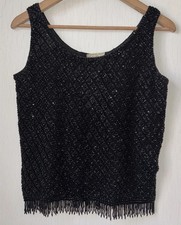 Vintage 60s Black Beaded Sequined Top Cocktail Night Out Glam 36 Sz M 
