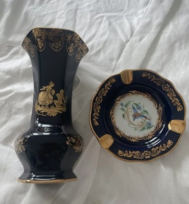 Limoges Castel France Vase + Ascher Kobaltblau 22K Gold Heiratsantrag Rokoko 60