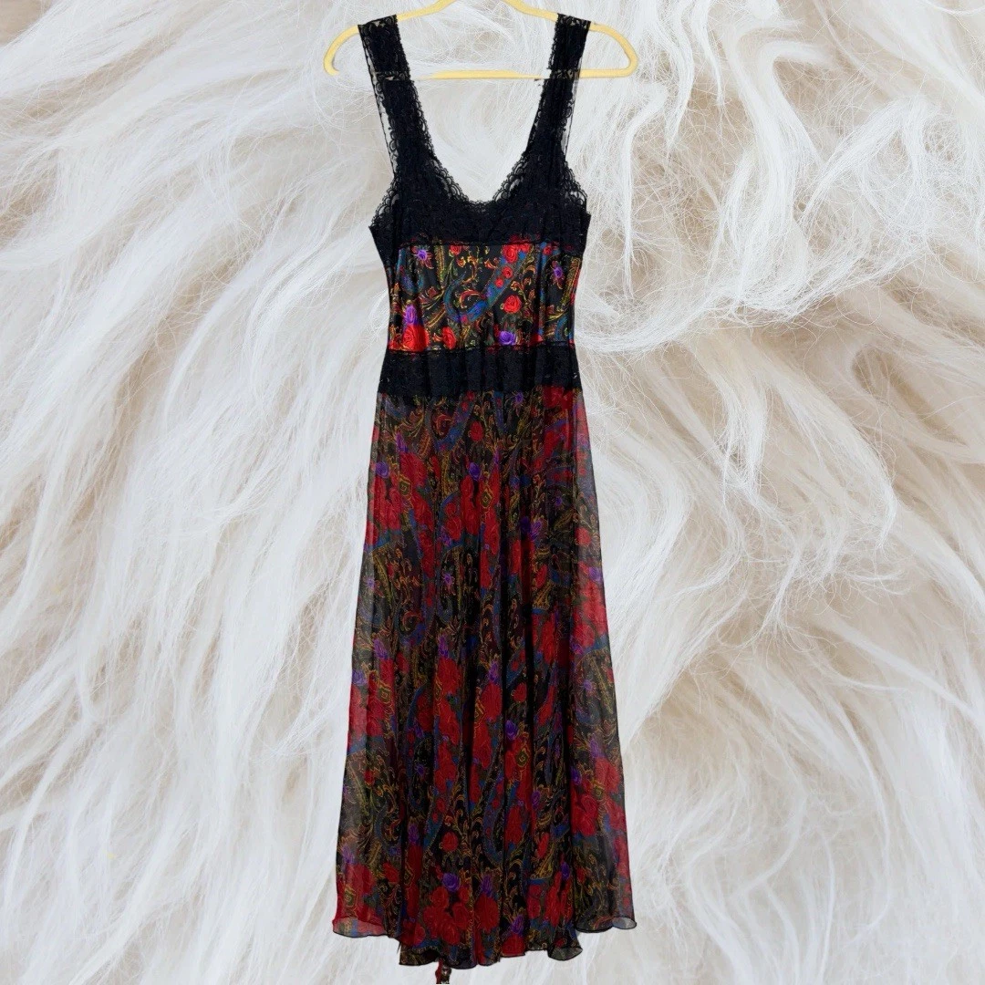 UNDERCOVER Abito vintage anni 70 Victoria Secret piccolo floreale romantico pizzo orlo slip dress