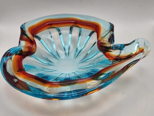 Vintage JICO Murano #9100 Aqua Blue Red 8" Glass Bowl Bon Bon Ashtray