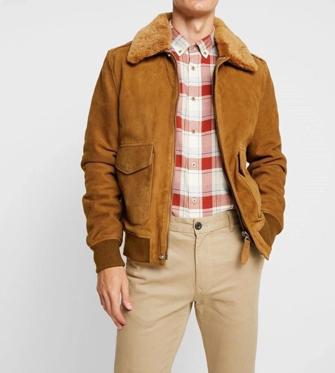 Brown Leather Jacket Men Flight/Bomber Suede Jacket Fur Collar Size S M L XL-338