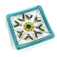 Studio Art Fused Glass Vibrant Geometric Trinket Plate Aqua Color Edge MCM 7x7