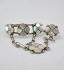 Vtg Zuni Sterling Silver Flush Multi Gem's Flower Slave Cuff Bracelet & Ring 16g