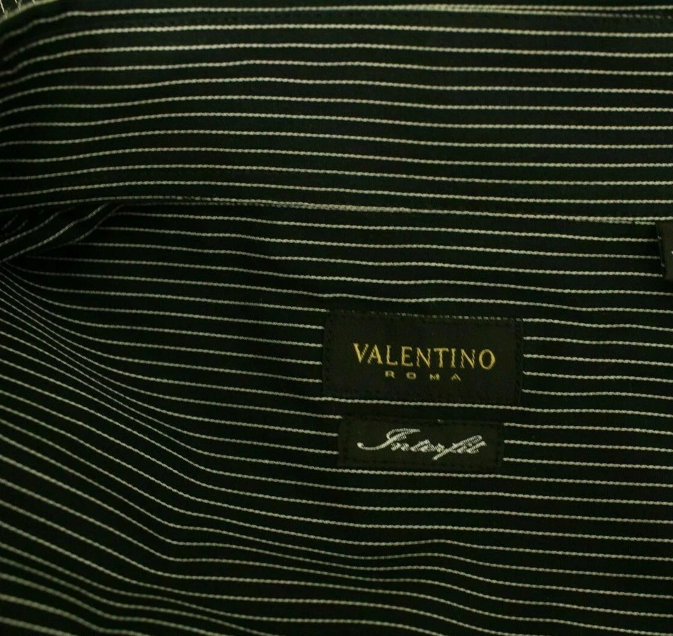 Camisa de vestir VALENTINO ROMA para hombre Interfit negra a rayas talla 17 venta al por menor $270 Foto 3 de 4