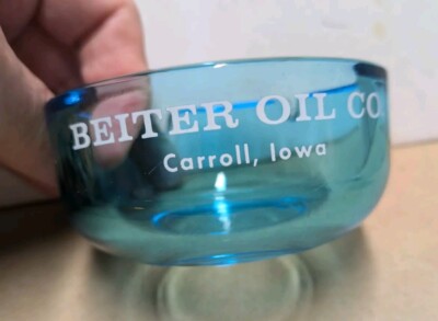 Vintage Beiter Oil Co Carroll Iowa IA Blue Glass Ashtray Advertising 