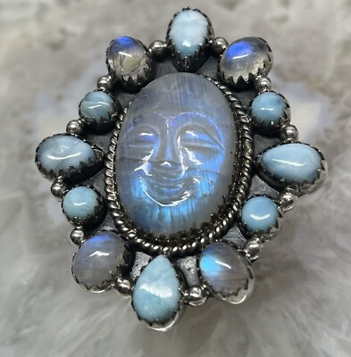 925 Göttin Sterling Silber handgeschnitzt Regenbogen Mondstein Ring Buddha Gesicht