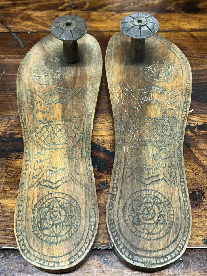 Paduka Shoe Sandal Indian Hand Carved Wood Paduka Sandals World Market Vintage - Image 4 of 4